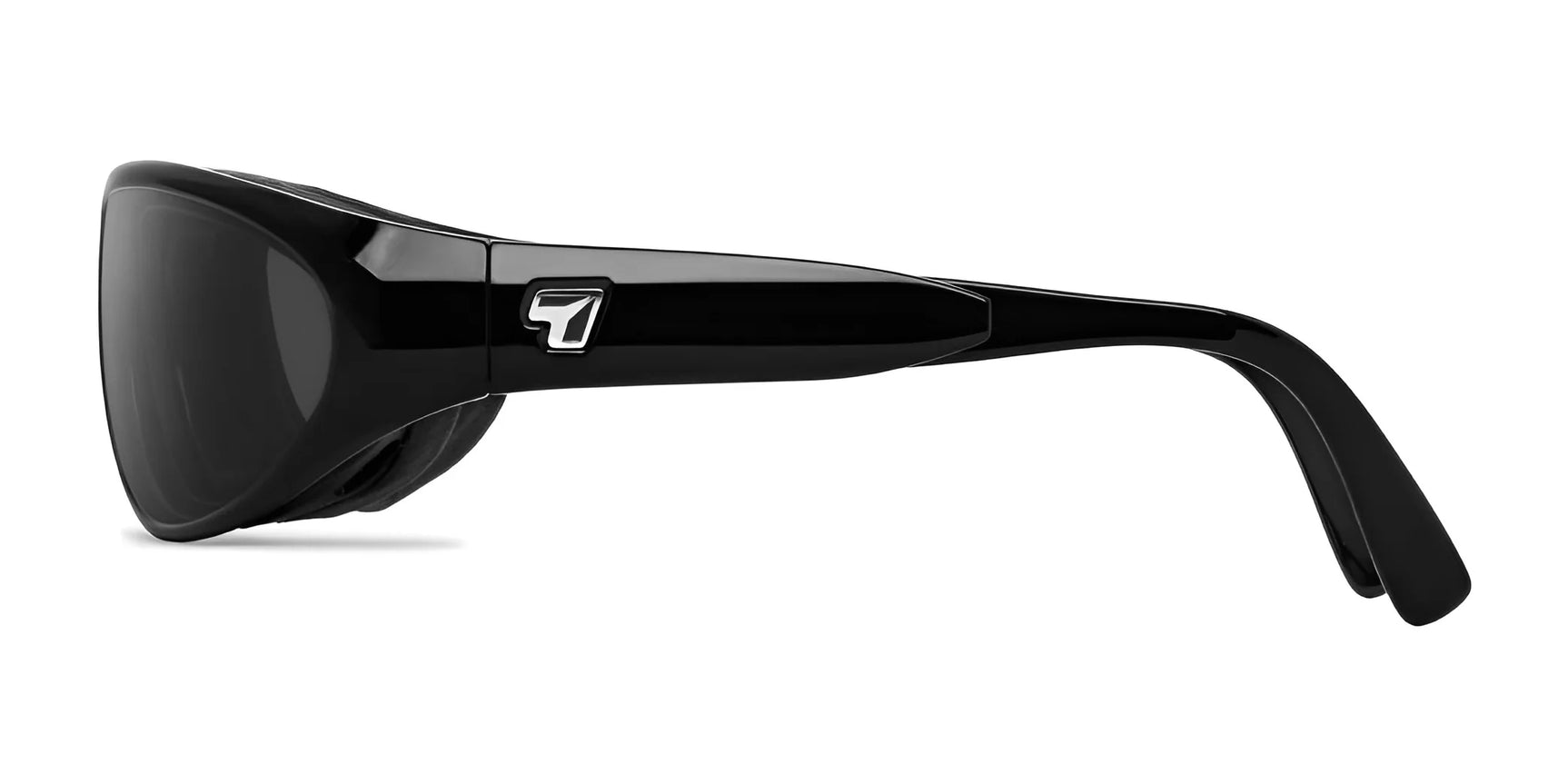 Side view of black 7eye Diablo Sunglasses | Size 65 with a T-shaped logo on the temple, offering UVA/UVB protection.