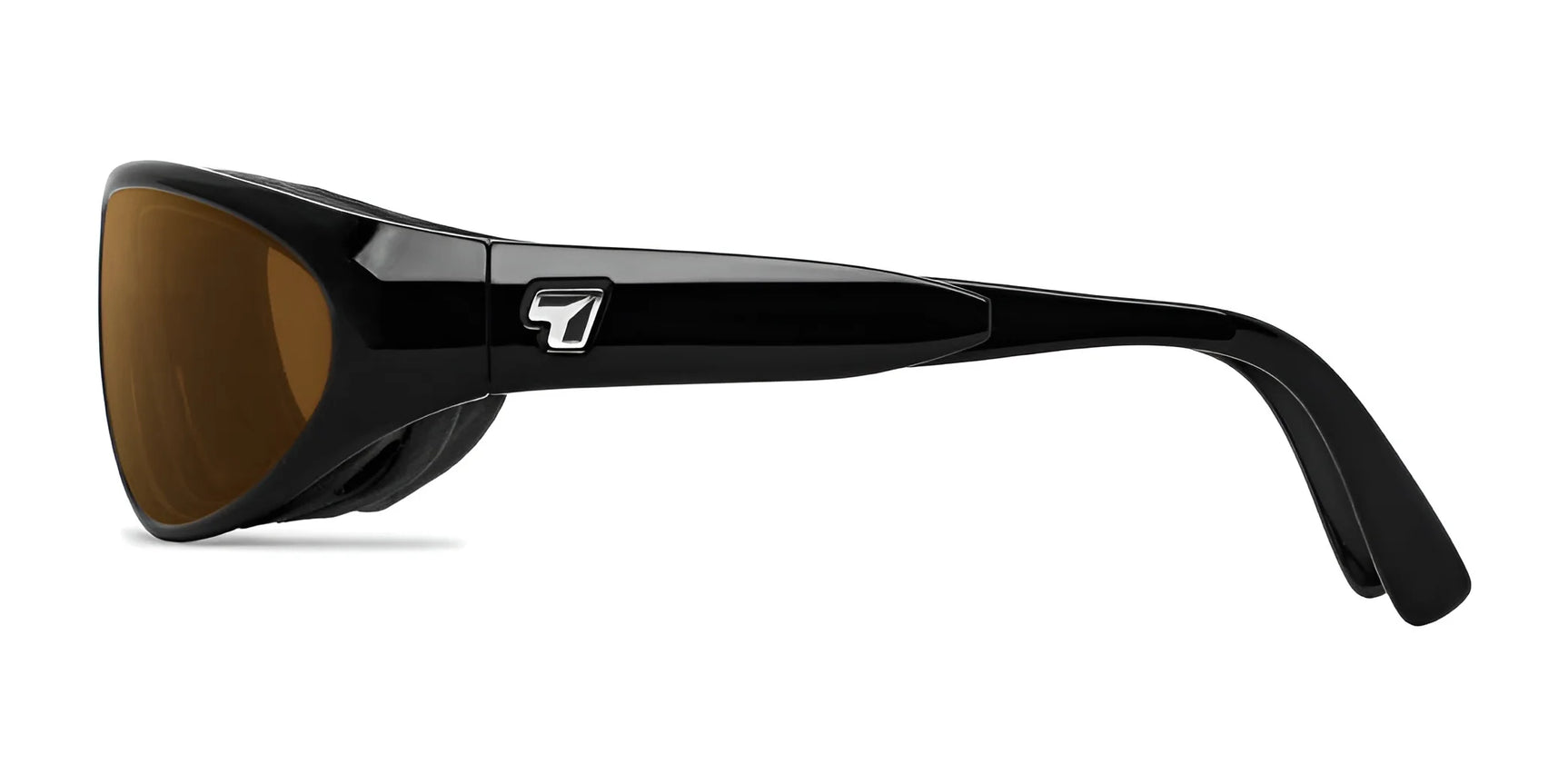 The 7eye Diablo Sunglasses | Size 65 feature black wraparound frames with brown lenses and a sleek silver logo, enhanced with AirShield Technology for superior UVA/UVB protection.