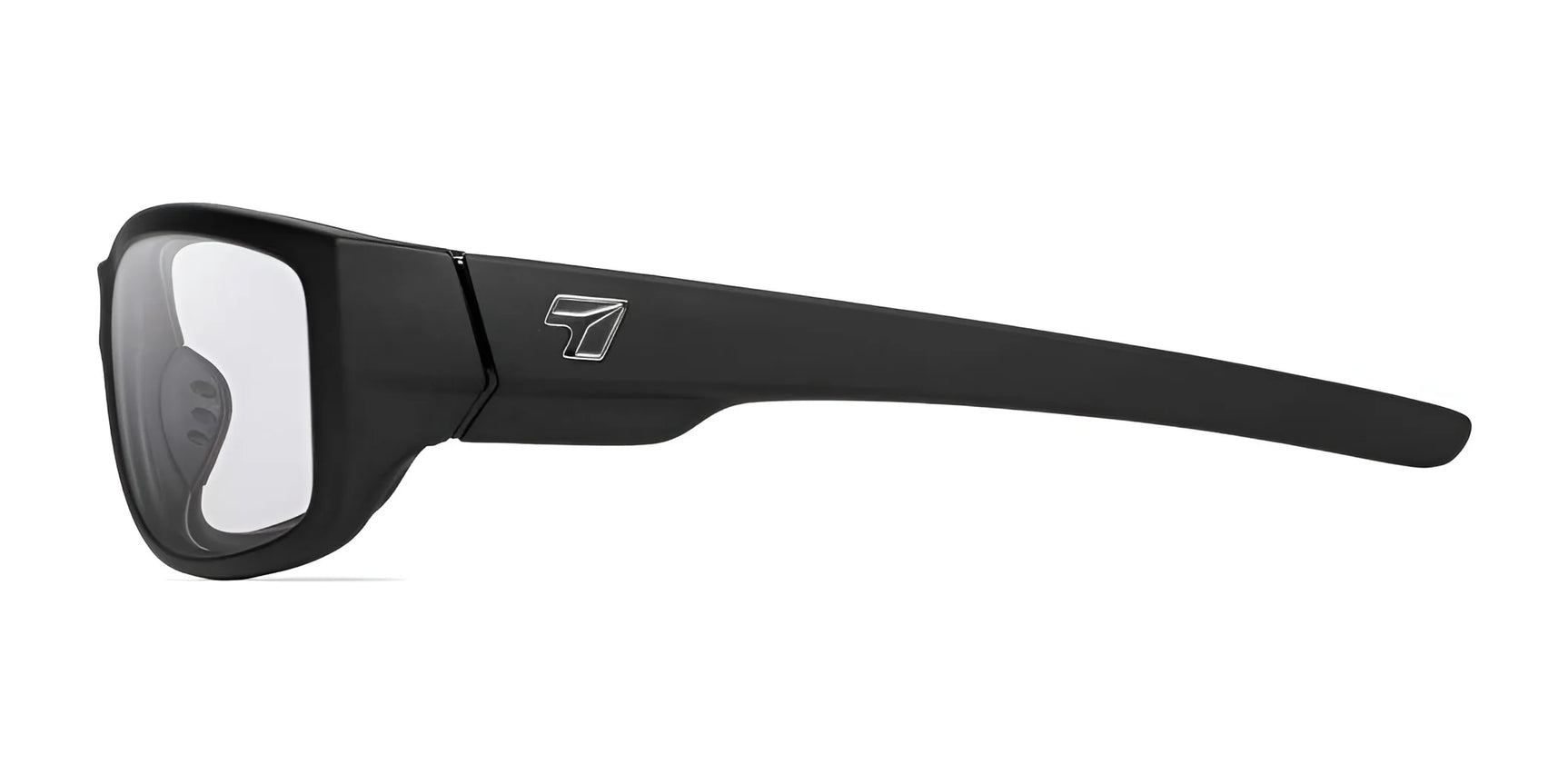 The 7eye Dillon Sunglasses size 61 feature black wraparound frames with a silver logo on the temple, clear shatter-resistant lenses, and excel in performance and safety against a white background.