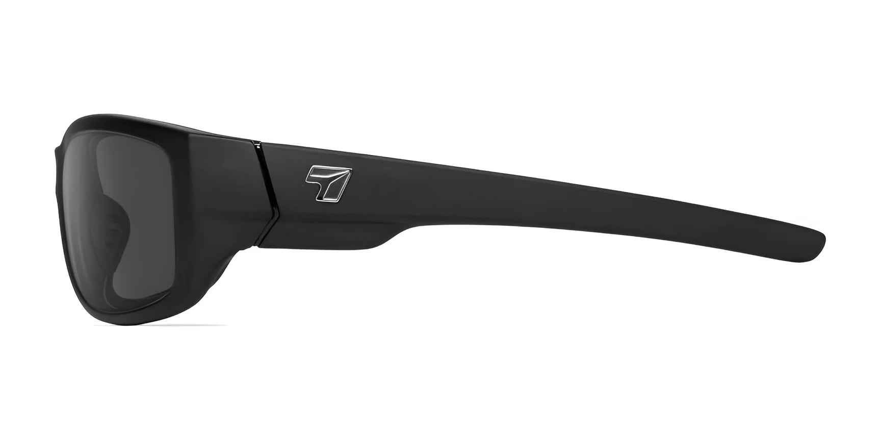 The 7eye Dillon Sunglasses, in size 61 and black, boast a sleek design with shatter-resistant lenses for excellent UVA/UVB protection. They feature a small logo on the temple set against a white background.