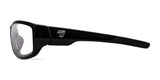 Introducing the side view of 7eye Dillon Sunglasses | Size 61. These black rectangular frames sport a logo on the temple arm and come with shatter-resistant lenses, offering UVA/UVB protection to ensure durability and safety for every adventure.