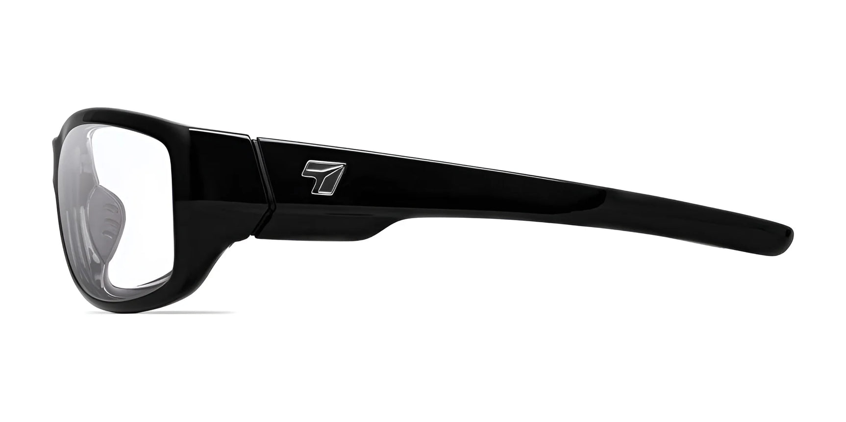 Introducing the side view of 7eye Dillon Sunglasses | Size 61. These black rectangular frames sport a logo on the temple arm and come with shatter-resistant lenses, offering UVA/UVB protection to ensure durability and safety for every adventure.