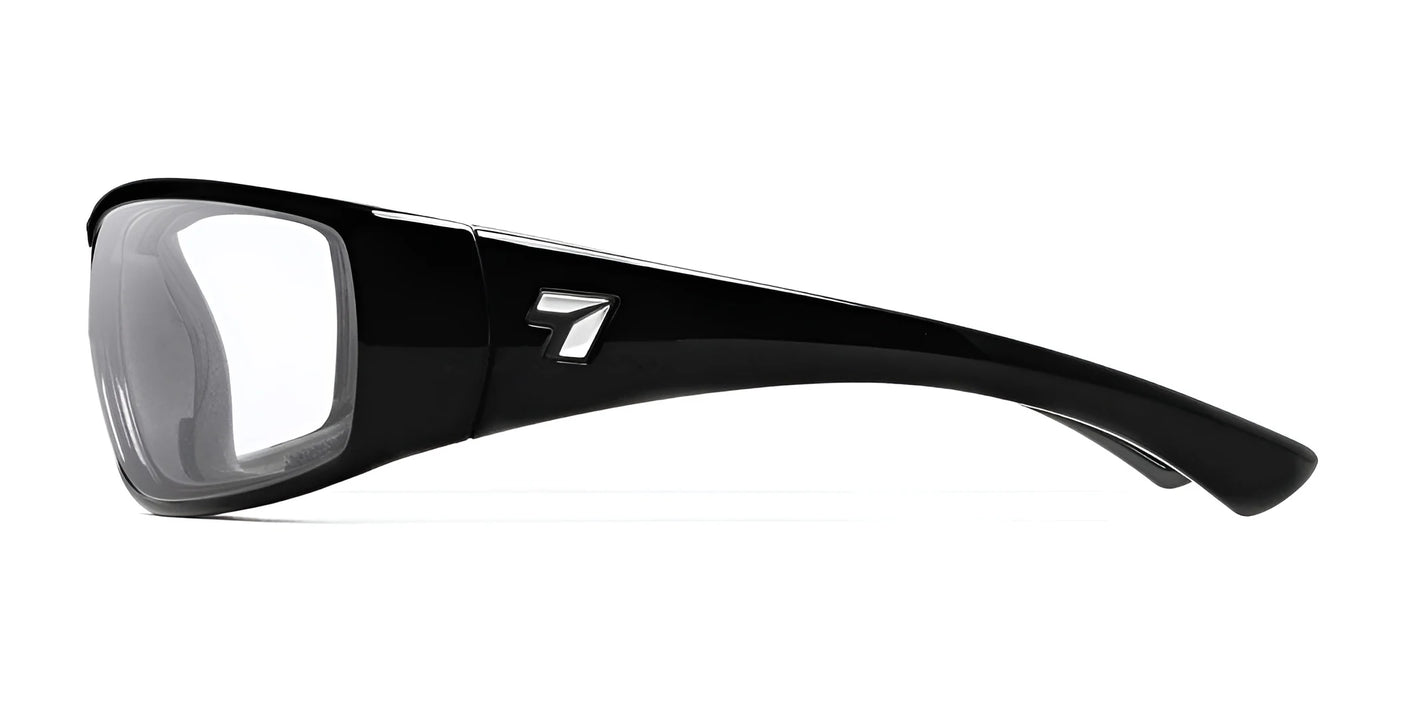 The 7eye Taku Plus Sunglasses | Size 67 have black, thick frames with a distinctive "7" logo on the side. These sunglasses feature shatter-resistant lenses and a windproof AirShield, providing both style and top-notch protection.