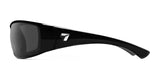 Discover the 7eye Taku Plus Sunglasses | Size 67, showcasing a sleek design accented by a striking silver logo on the side arm. These black sports sunglasses from 7eye incorporate windproof AirShield technology and shatter-resistant lenses, offering both style and durability for all your adventures.