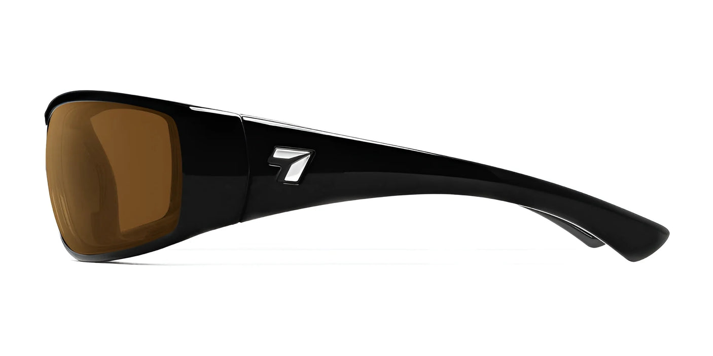 The 7eye Taku Plus Sunglasses | Size 67 from 7eye boast black wrap-around frames, dark shatter-resistant lenses, a silver logo on the side, and windproof AirShield protection for any adventure.