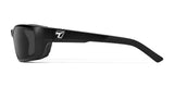 The 7eye Ventus Sunglasses Size 61 feature black wraparound frames with a silver temple logo. These stylish shades offer shatter-resistant lenses and superior UVA/UVB protection, beautifully displayed in a side view against a white background.