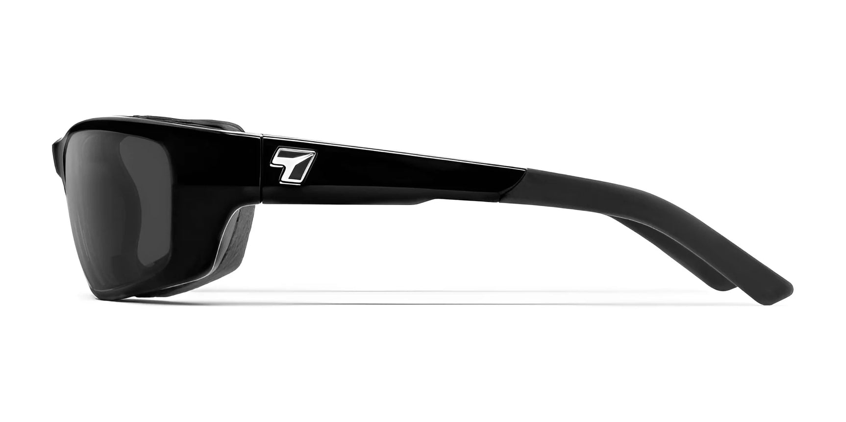 The 7eye Ventus Sunglasses | Size 61 offer a sleek wraparound frame and dark lenses with a "7" logo on the temple, ensuring shatter-resistant durability and essential UVA/UVB protection.