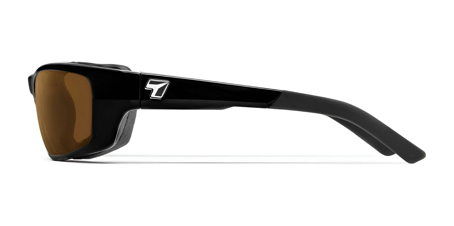 Side view of 7eye Ventus sunglasses in black, featuring size 61 shatter-resistant brown lenses with UVA/UVB protection and a logo on the temple.