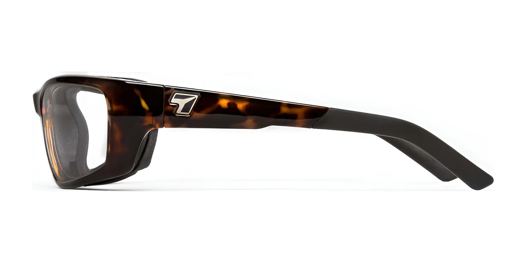 Side view of 7eye Ventus Sunglasses features tortoiseshell frames, black temples with a silver logo, UVA/UVB protection, and shatter-resistant lenses for durability.