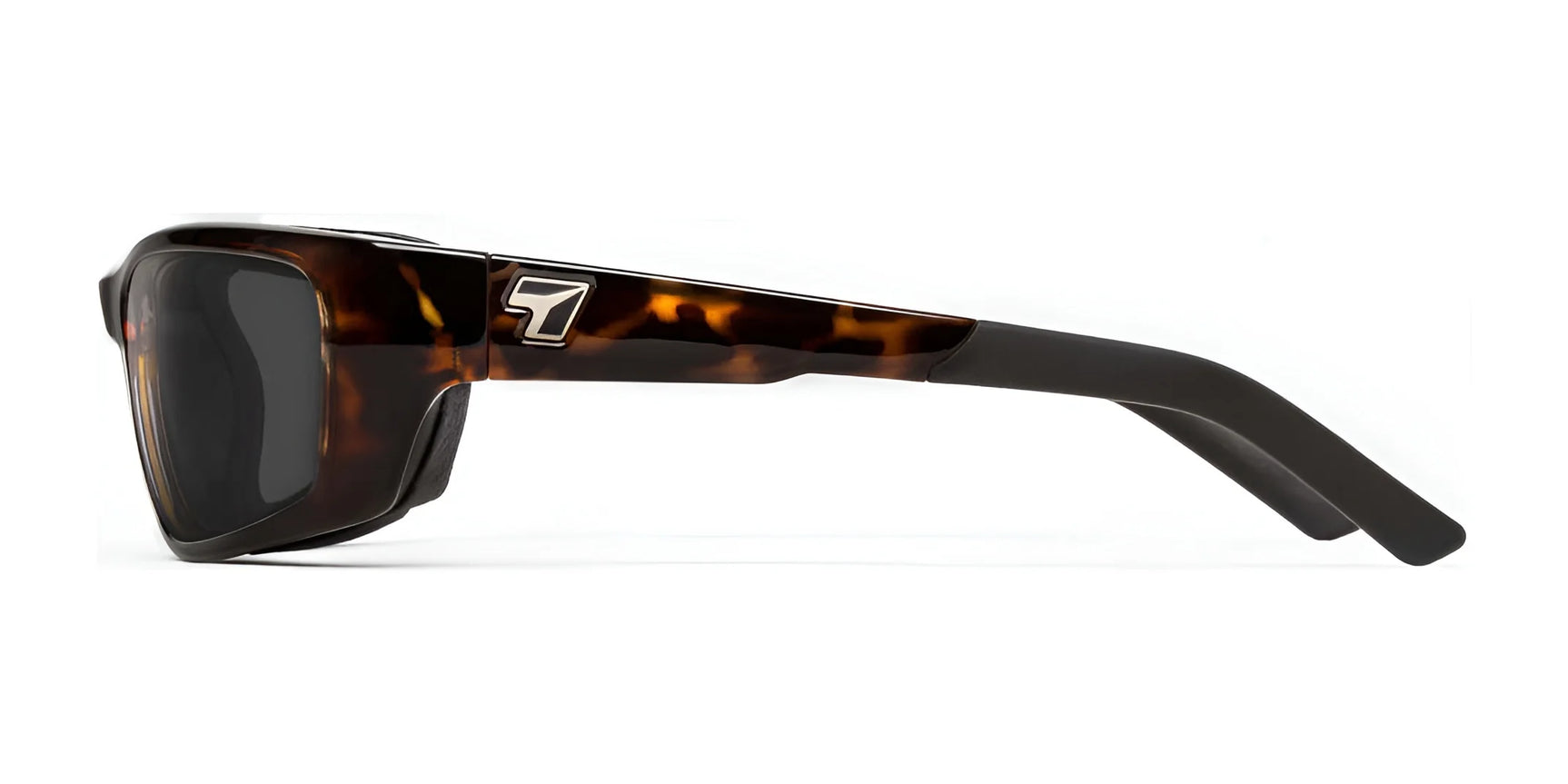 Side view of 7eye Ventus Sunglasses | Size 61 showcasing tortoiseshell frames with thick arms, a small logo by the hinge, and shatter-resistant lenses offering UVA/UVB protection for maximum durability and safety.