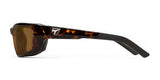 Side view of 7eye Ventus Sunglasses Size 61 in tortoiseshell with shatter-resistant brown lenses, UVA/UVB protection, and sleek black arms on a white background.