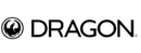 The image shows the logo for Dragon. The word "DRAGON" is written in bold, black letters with a circular emblem to its left featuring a stylized dragon design inside a black circle. The background is white with pink bands above and below the logo.