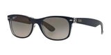 The Ray-Ban NEW WAYFARER RB2132 Sunglasses, Size 55, boast black frames with tinted, polarized lenses for superior UV protection and feature a small brand logo on the side.