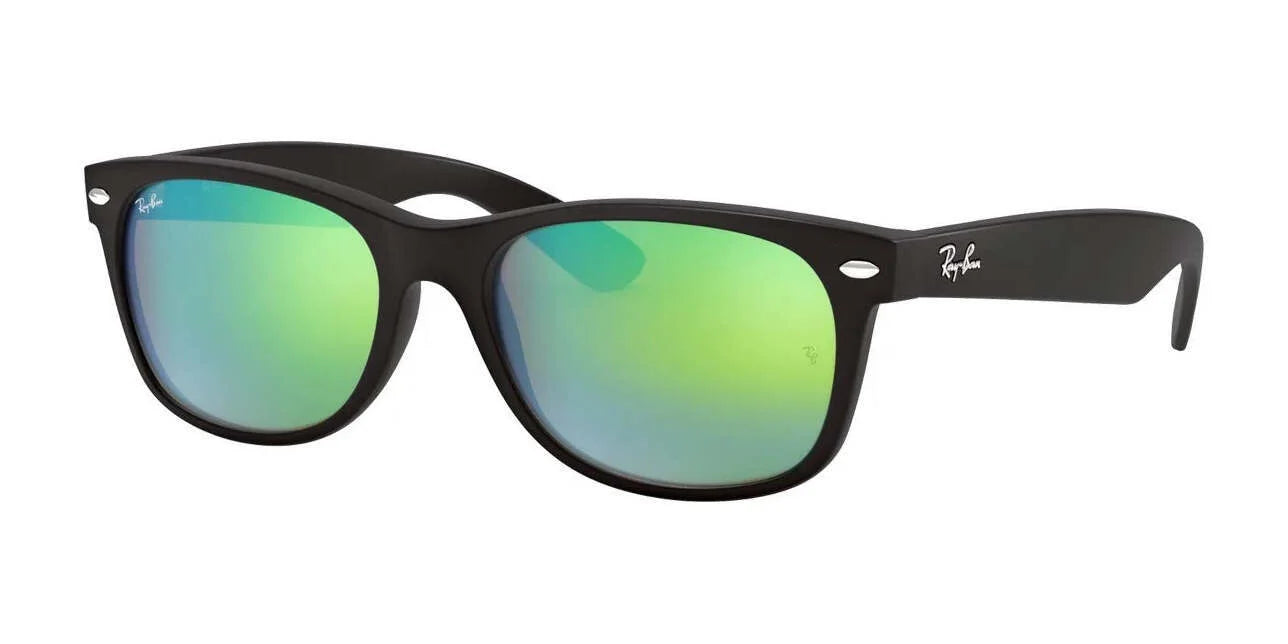 The Ray-Ban NEW WAYFARER RB2132 Sunglasses, size 52, feature iconic black frames with green reflective lenses for optimal sun protection.