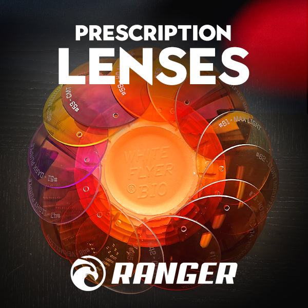 A stack of colorful RE Ranger Spare Prescription Lenses surrounds a clay target, with "Prescription Lenses" and "RE Ranger" above.