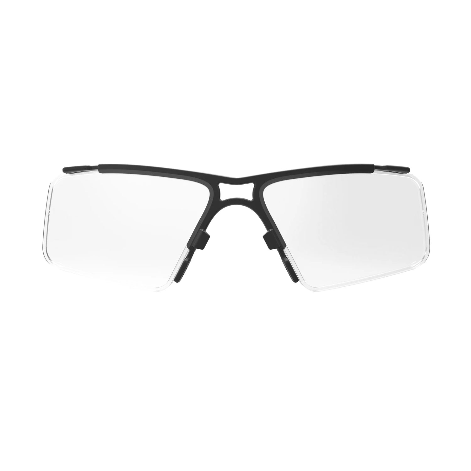 Rectangular eyeglasses with a black semi-rimless frame and clear lenses, viewed from the front. These compatible frames echo the sleek design of Rudy Project's Semi Rimless Rx Insert for Cutline and Tralyx model sunglasses.