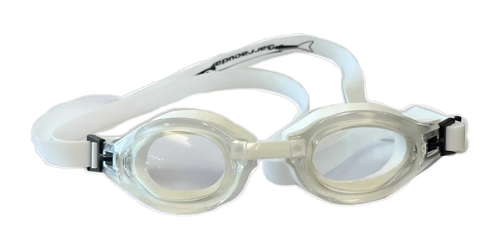 The Barracuda B300 Swimming Goggles by Barracuda, featuring a clear lens and white strap adorned with a small shark design, are perfect for fitness swimmers and come with an anti-fog feature.