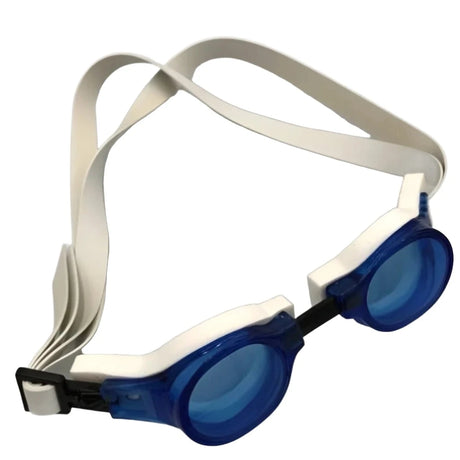 The Barracuda Medalist Swimming Goggles by Barracuda present a sleek blue design complemented by adjustable white straps, making them ideal for younger swimmers during both training and competition against a white backdrop.