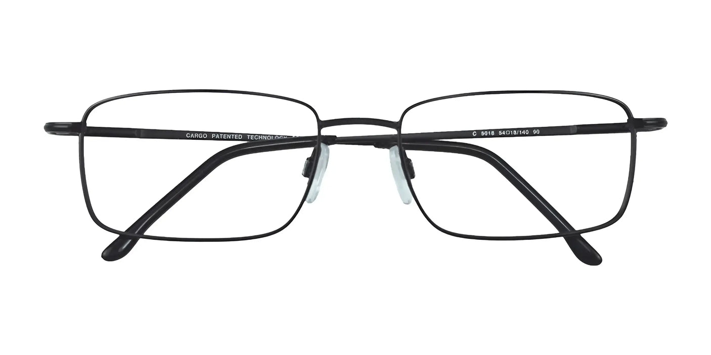 Front view of Cargo's C5018 Eyeglasses with Clip-on Sunglasses showcasing full-rim rectangular black frames equipped with nose pads, set against a white background.