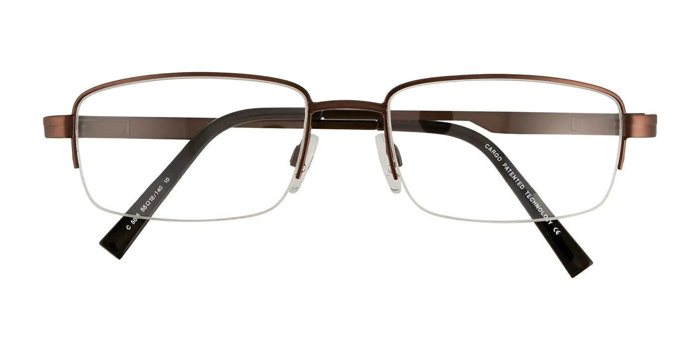 The Cargo C5036 Eyeglasses with Clip-on Sunglasses, in size 55, boast a stylish design featuring brown and silver rectangle frames paired with sophisticated black temples, set against a clean white backdrop.