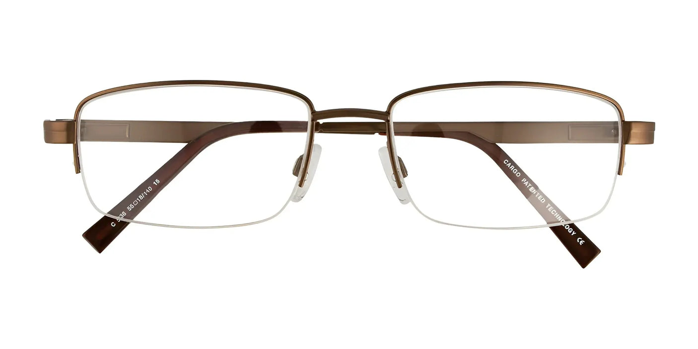 The Cargo C5036 Eyeglasses with Clip-on Sunglasses, offered in size 55 by the brand Cargo, present a sleek metal frame finished in a sophisticated brown color with clear lenses, seamlessly blending style and comfort.