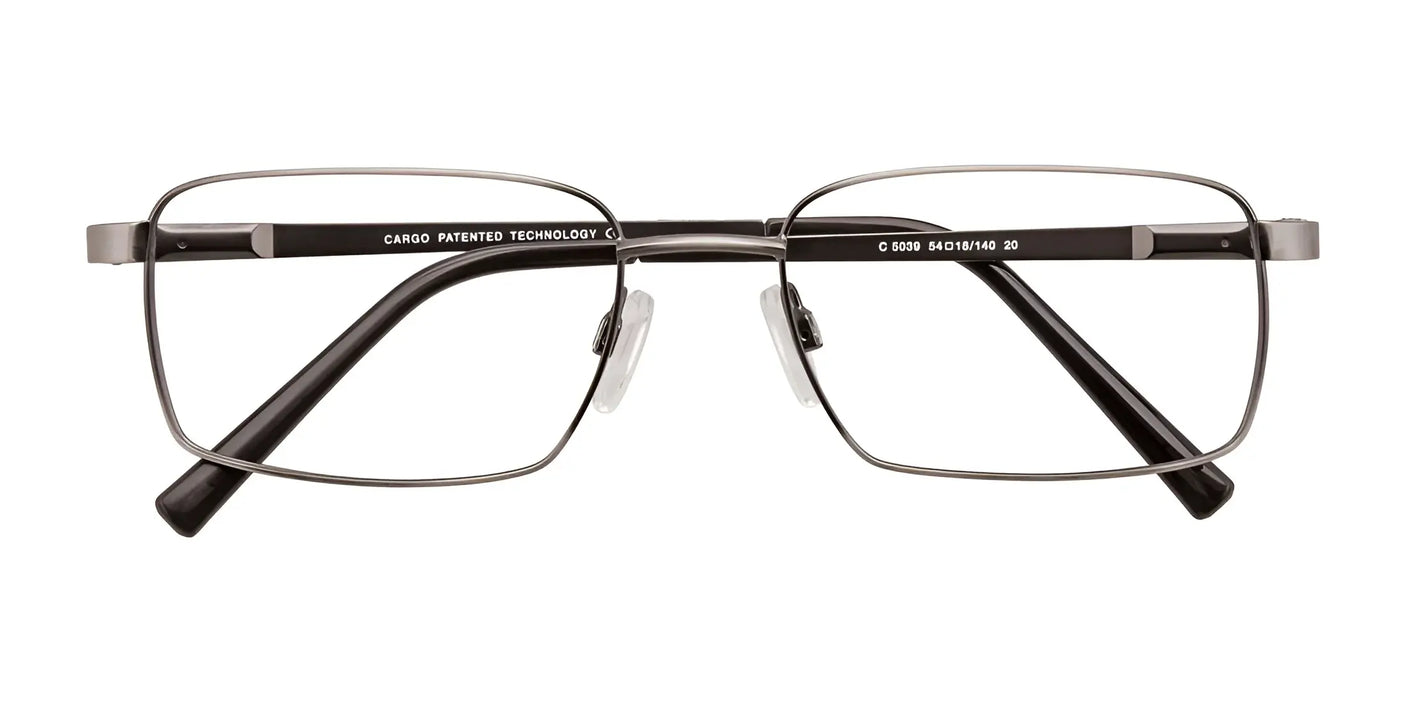 Rectangular Cargo C5039 Eyeglasses featuring a sleek black and silver metallic frame, designed for prescriptions, shown from the front on a white background.