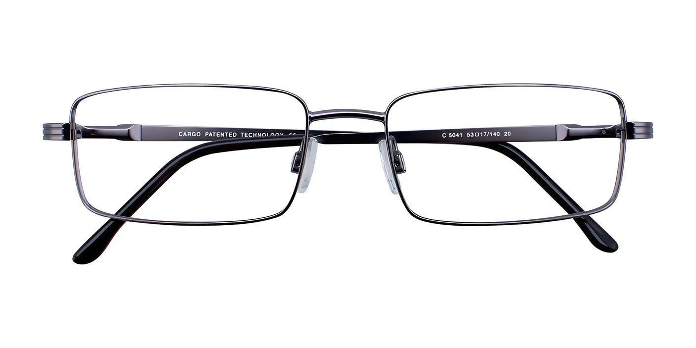 Viewed from the front, these rectangular eyeglasses feature black frames with thin arms and a minimalist design. The Cargo C5041 Eyeglasses with Clip-on Sunglasses in Size 53 provide lightweight frames for all-day comfort.