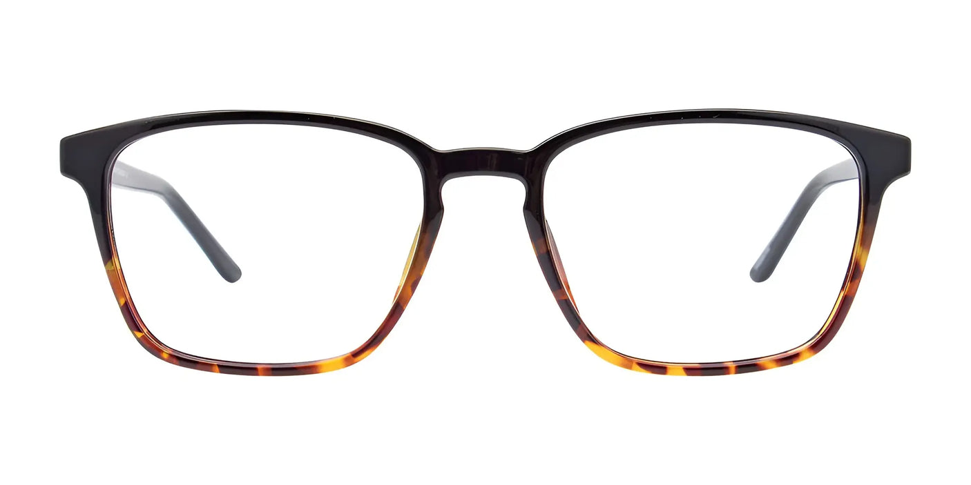 The Cargo C5052 Eyeglasses feature a tortoiseshell square design with transparent lenses, complemented by a black upper frame and slender, lightweight side arms. Size 53.