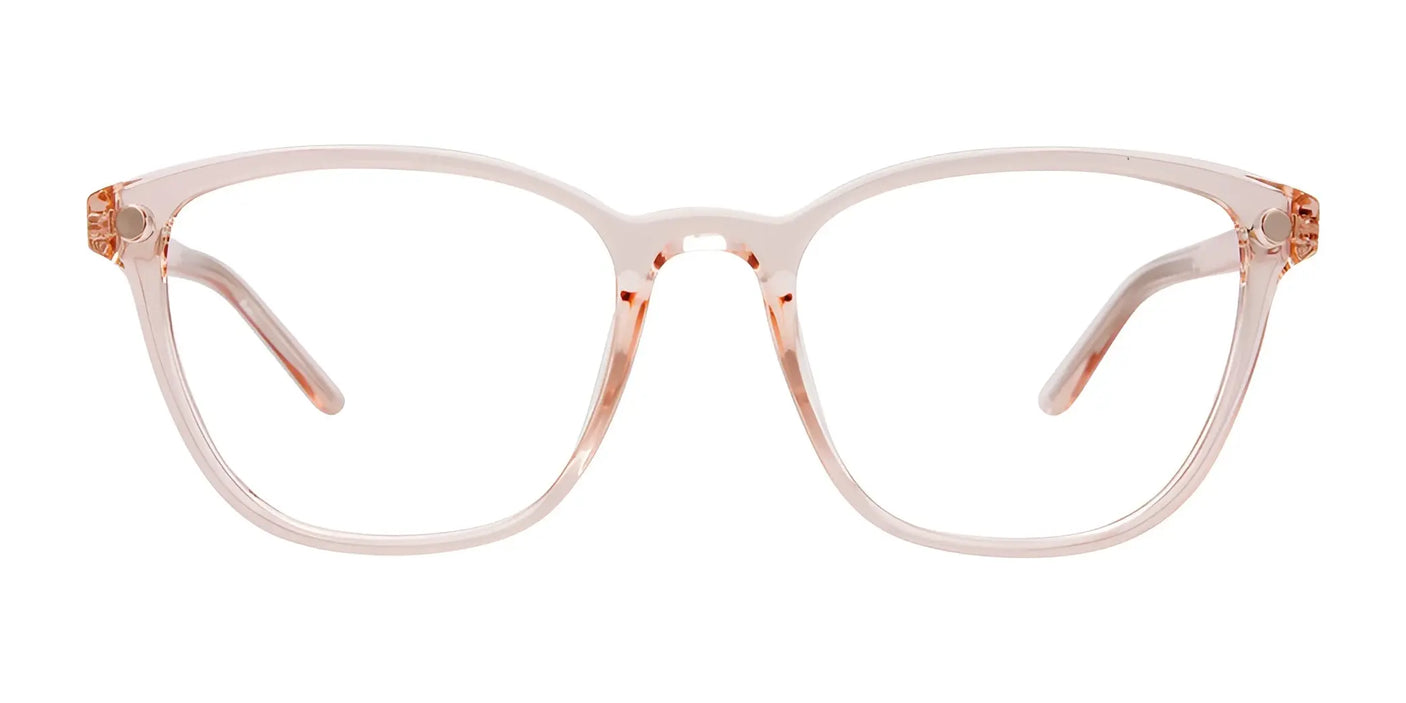 The Cargo C5053 Eyeglasses with Clip-on Sunglasses offer stylish full-rim rectangular frames adorned with a subtle pink tint, ideal for anyone looking to add a chic and modern touch to their look.