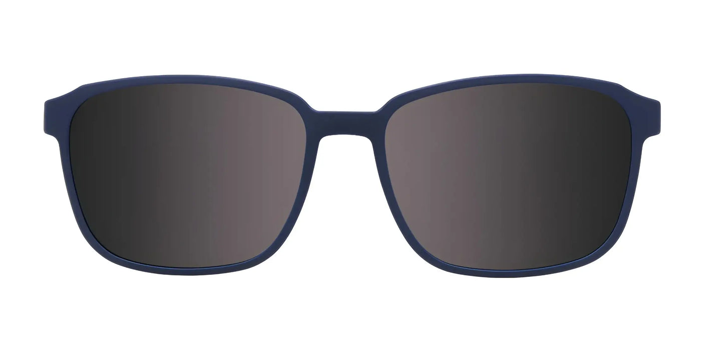 The Cargo C5057 Eyeglasses with Clip-on Sunglasses feature a navy-blue frame paired with dark lenses, offering a front-view style and including a handy clip-on attachment for polarized sunglasses, allowing versatile wear.