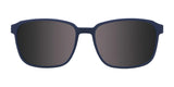 The Cargo C5057 Eyeglasses with Clip-on Sunglasses feature a navy-blue frame paired with dark lenses, offering a front-view style and including a handy clip-on attachment for polarized sunglasses, allowing versatile wear.