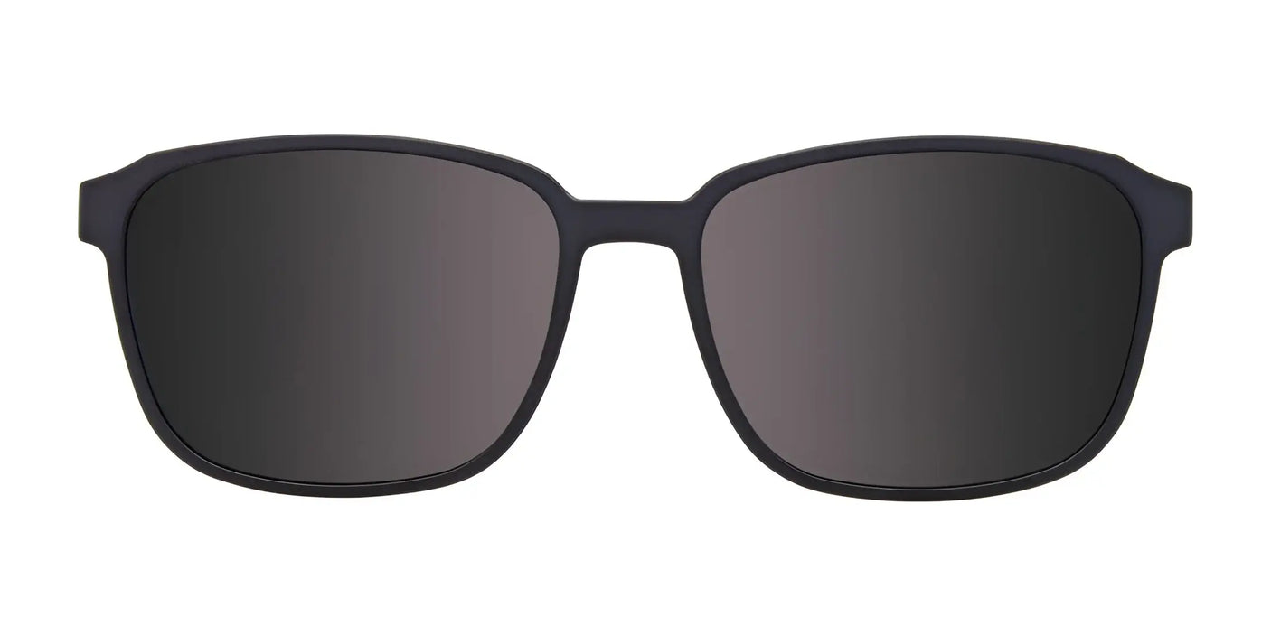 Cargo C5057 Eyeglasses with Clip-on Sunglasses, featuring a black square frame and dark lenses, shown on a white background and designed with a polarized clip for enhanced vision.