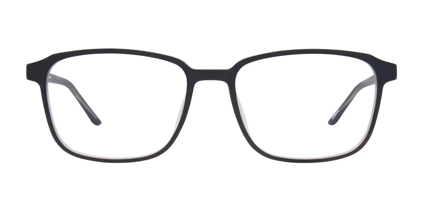 The Cargo C5057 Eyeglasses with Clip-on Sunglasses in black feature a rectangular design with clear lenses, set against a white background for a sleek appearance. Designed to be prescription-ready, these glasses offer versatile style and functionality by effortlessly converting into polarized sunglasses with the optional clip-on.