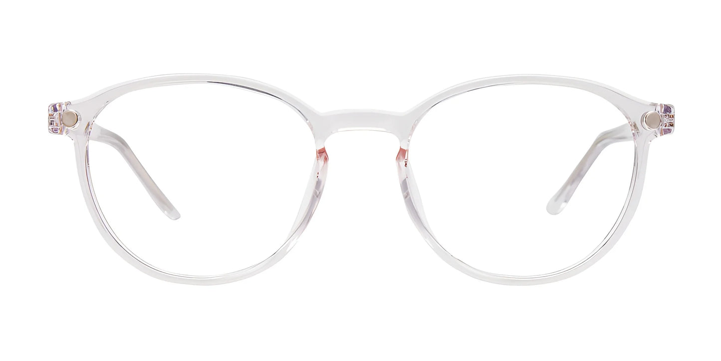 Cargo C5058 Eyeglasses with Clip-on Sunglasses in size 49 feature clear, round frames accented with subtle pink details on the temples, displayed against a white background. These fashionable eyeglasses are prescription-ready, delivering both comfort and clarity for your vision needs.