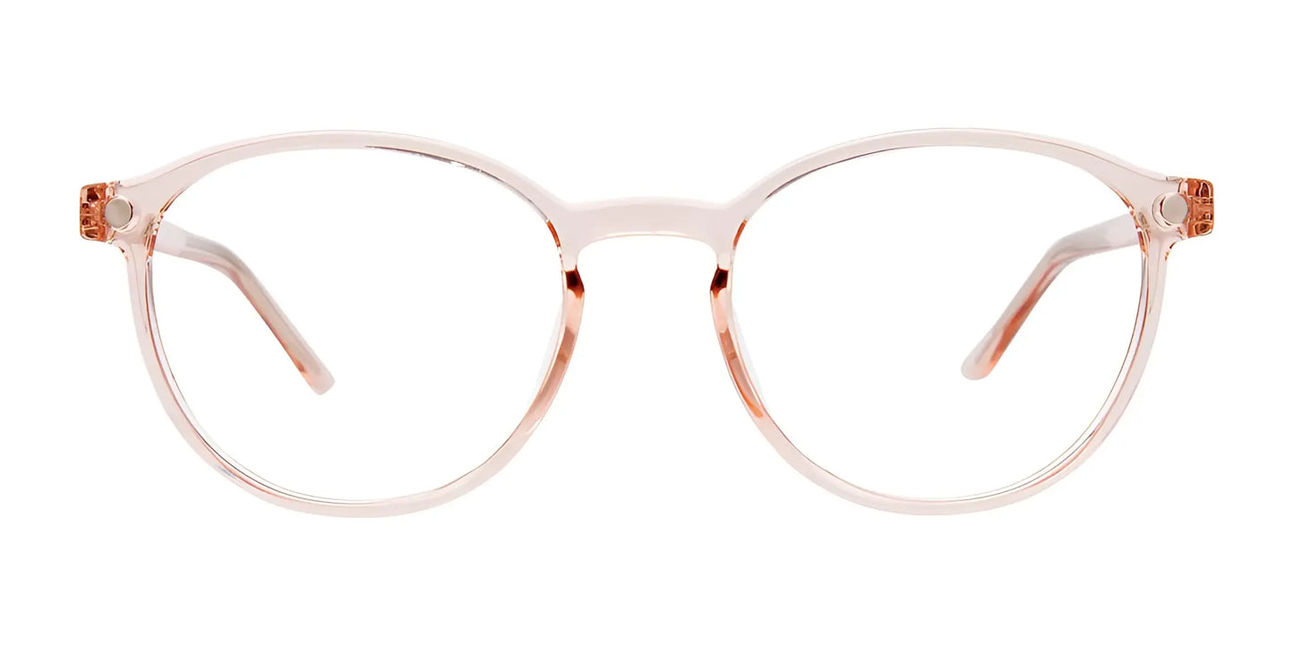 The Cargo C5058 Eyeglasses from Cargo feature round, transparent frames with a subtle pink tint on both the frames and temples, offering a stylish look that is ready for prescription lenses. Additionally, they come with a polarized clip-on sunglasses accessory for added versatility.