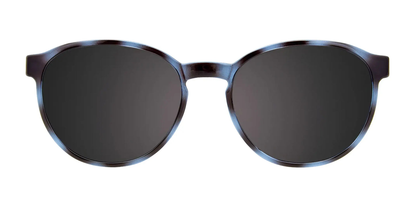 Front view of the Cargo C5058 Eyeglasses with Clip-on Sunglasses, featuring a sleek black frame and dark lenses in a round design; these prescription-ready shades from Cargo offer both style and clarity in size 49.