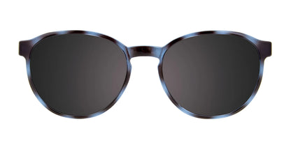 Front view of the Cargo C5058 Eyeglasses with Clip-on Sunglasses, featuring a sleek black frame and dark lenses in a round design; these prescription-ready shades from Cargo offer both style and clarity in size 49.