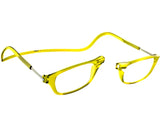 The Lemon Peel Clic Readers ORIGINAL Eyeglasses by Clic Readers feature a unique flattened, twisted shape, offering hassle-free eyewear in a stylish yellow and black glasses frame.