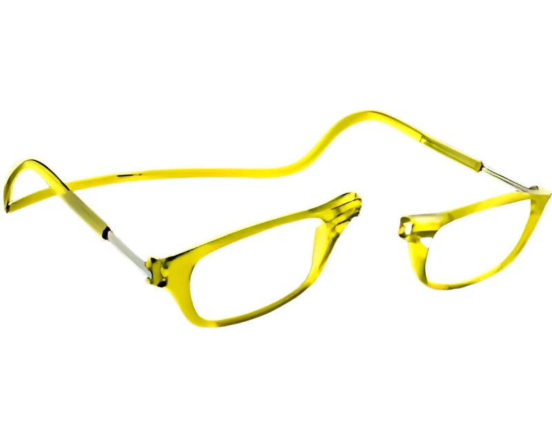 The Lemon Peel Clic Readers ORIGINAL Eyeglasses by Clic Readers feature a unique flattened, twisted shape, offering hassle-free eyewear in a stylish yellow and black glasses frame.