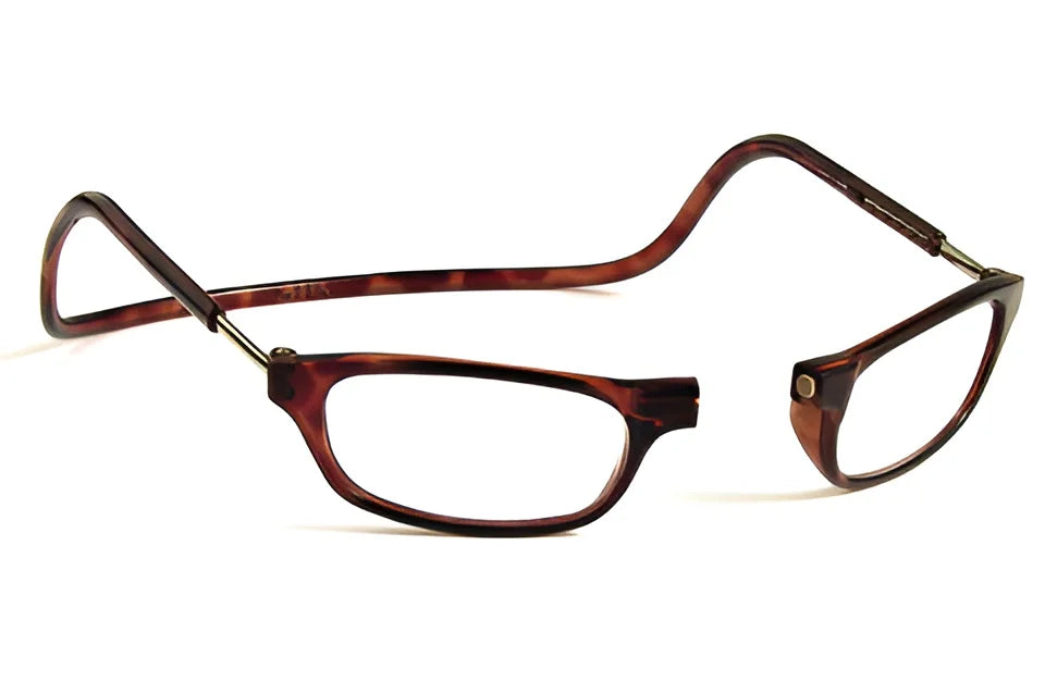 A pair of tortoise, flexible Clic Readers ORIGINAL Eyeglasses with separated lenses and curved arms for hassle-free eyewear.