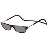 Introducing the Clic Readers ORIGINAL Sunglasses by Clic Readers, featuring lime-colored rectangular tortoiseshell frames with stylish gold temples, black-tinted lenses, and a convenient click-to-close feature.