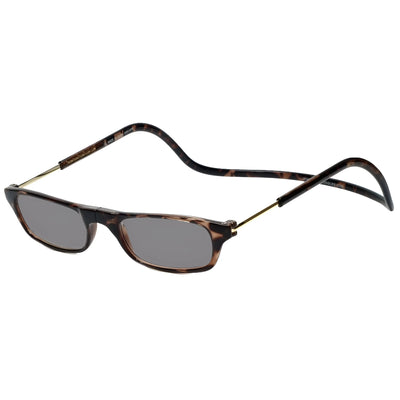 Introducing the Clic Readers ORIGINAL Sunglasses by Clic Readers, featuring lime-colored rectangular tortoiseshell frames with stylish gold temples, black-tinted lenses, and a convenient click-to-close feature.