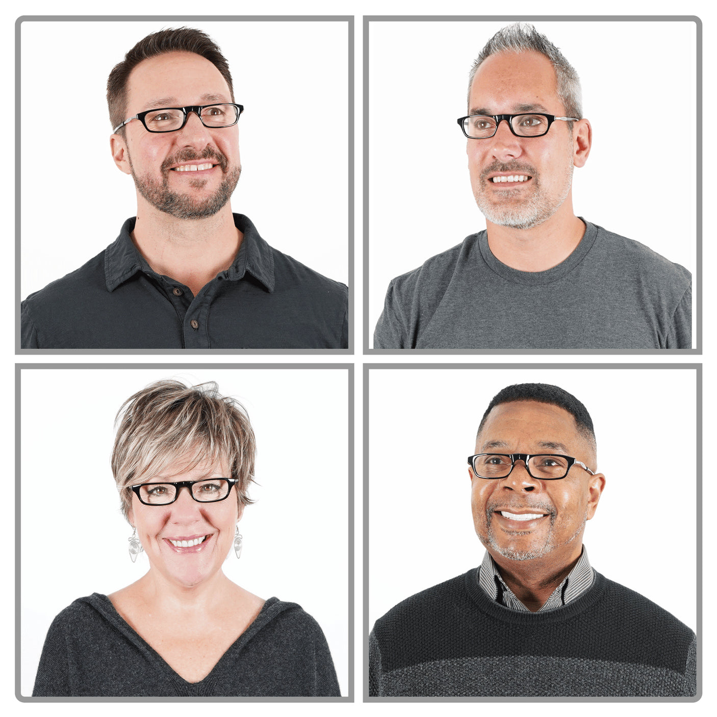 Four individuals smiling, each in their own portrait wearing Clic Readers' ORIGINAL Eyeglasses, arranged in a 2x2 grid on a white background. The eyeglasses showcase a lightweight and durable design that ensures lasting comfort and style.