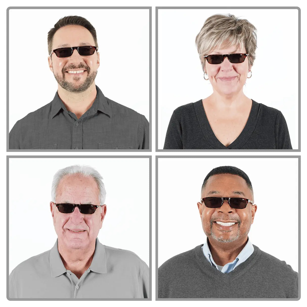 A grid of four smiling individuals wearing Clic Readers ORIGINAL Sunglasses by Clic Readers, with two men on the left and two people on the right, all dressed casually and showcasing their stylish frames.