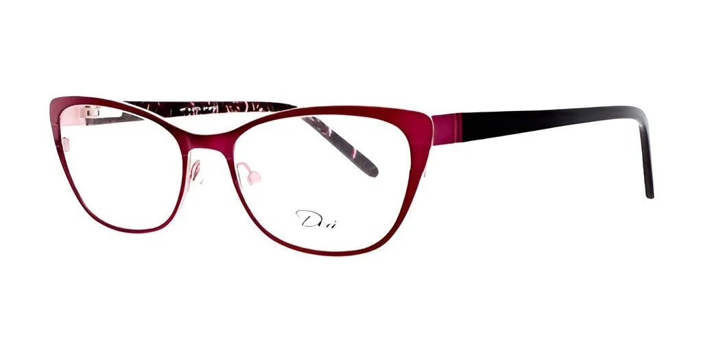 The DEA Eyewear ALETTA Eyeglasses in a full-rim cat-eye design showcase a striking blend of red and black, with a patterned inner frame angled to the right. Size 54.