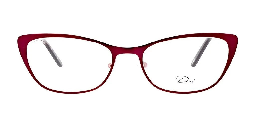 Full-rim red cat-eye eyeglasses with clear lenses from DEA Eyewear, featuring the iconic "Dior" inscription on the right lens. Model: ALETTA, Size 54.