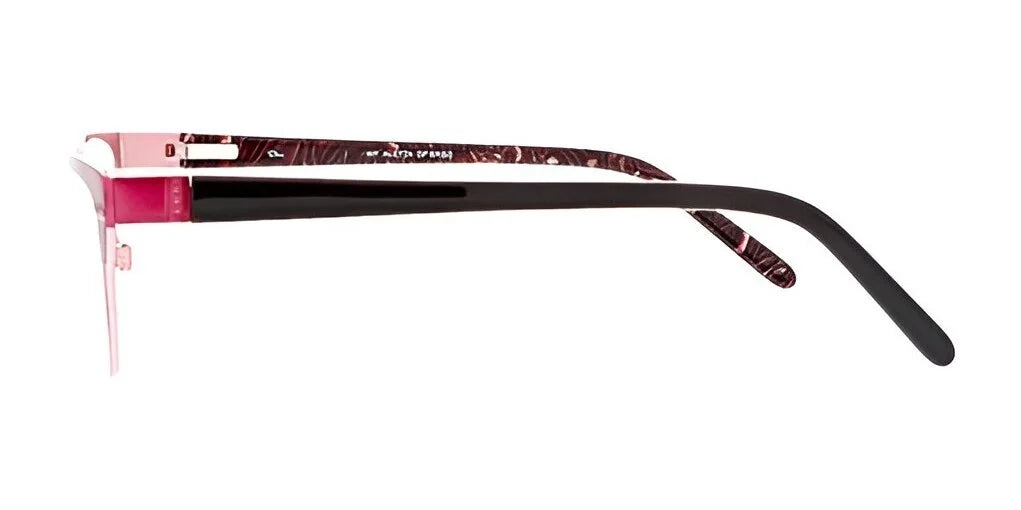 Side view of the DEA Eyewear ALETTA Eyeglasses in full-rim design, showcasing chic pink cat-eye frames with black earpieces and a marbled pattern on the arms.