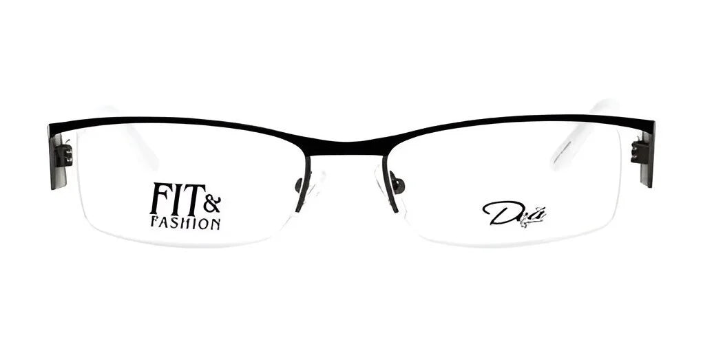 Semi-rimless glasses featuring black rims and engraved with "Fit & Fashion" and "Diva" on the lenses, capturing the stylish essence of DEA Eyewear's BIBIANA collection.