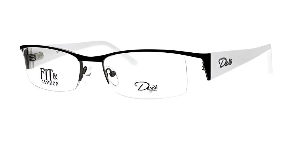 The DEA Eyewear BIBIANA Eyeglasses in size 54, featuring a black and white rimless design with "Fit & Fashion" and "Dita" logos on the lenses and temples, provide a stylish choice that exudes DEA Eyewear's signature elegance.