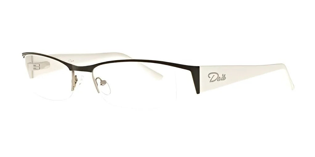 The DEA Eyewear BIBIANA Eyeglasses, size 54, from DEA Eyewear, epitomize stylish eyewear with their half-rim design featuring white arms and a subtle logo on the side.